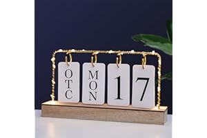 SHALWINN Perpetual Calendar Flip Wooden Calendar Blocks Vintage Wood Block Calendar for Home Office Desk Accessories Week Month Date Display White