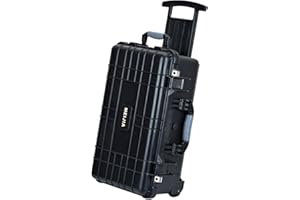 MEIJIA All Weather Portable Waterproof Hard Compact Camera Case with Retractable Pull Handle and Rolling Wheels,Foam Inserted, Elegant Black, 22.06X17.93 X10.43 inches