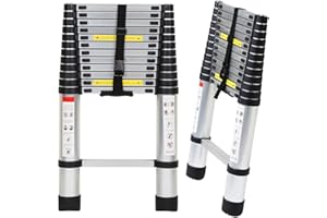 Tubiaz Échelle télescopique en Aluminium 3,8 m, Interrupteur de sécurité Multi-Niveaux, échelle Extensible Portable, antidérapant, échelle multifonctionnelle, Charge maximale : 150 kg, Argent, 3.8M