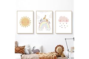 Ueiwffzo Children's Room Pictures - Set of 3 for Girls, Boho Rainbow Sun Cloud Canvas Wall Poster, Without Frame (40 x 50 cm)