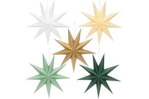 SPRINLOT 5 sztuk składanych gwiazd na Boże Narodzenie, beżowe, szałwiowo-zielone, 30 cm, brązowe, papierowe gwiazdki do zawieszenia, 9 ramiennych, ciemnozielonych papierowych gwiazdek, białe papierowe gwiazdki