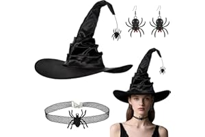 PAPU Schwarzer Hexenhut mit Gothic Zubehör Set - Halloween Hexenhut Damen mit Spinnenanhänger Halskette Ohrringe Hexen Hut Frauen Witch Hat Kostümzubehör Hexen Accessoires Erwachsene für Fasching Party