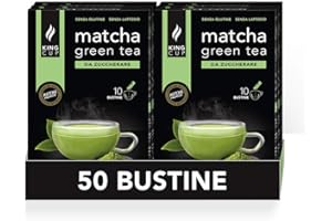 King Cup - 5 Paquetes de 10 Sobres Solubles de Tè Matcha Sin Azúcar, 50 Stick de 6 Gr para Bebida con Sabor de Matcha Tea da Agregar a 60 ml de Agua Caliente, Sin Gluten y Sin Lactosa