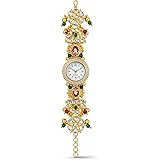 Kashmiri Meenakari Round Dial Bracelet Watch, Gold Tone, Red and Green Kundan, Traditional Indian Jewellery Style: 