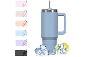 WATERSY 1182ml Mug Isotherme avec Paille et Poignée, 40oz Double Acier Inoxydable Tasse de Voyage Isotherme, Anti-fuite, Gobelet à Café à Emporter, Pour Voiture, Bureau, Travel (Bleu Gris)