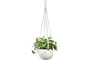 Mkono 43 Inch Macrame Plant Hanger Large for up to 12 Inch Pot Extra Long Hanging Plant Holder No Tassels Hanging Planter Basket with Wood Beads for Indoor Outdoor Boho Home Decor, Ivory