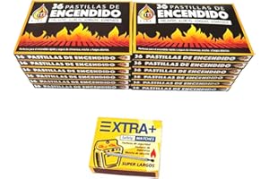 ASGRADO 12 Cajas 432 Pastillas de Encendido Chimenea, Estufas y Barbacoas,Pastilla encender Carbon + 1Caja 120 fósforos de Madera extralargos de 5.5cm.
