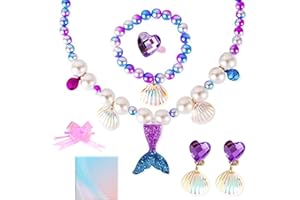 AYNKH Girls Mermaid Jewelry Set with Gift Box, Mermaid Tail Necklaces Conch Bracelet Earrings Ring for Princess Dress Up Party Christmas Birthday Gift