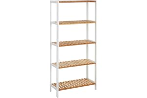 SONGMICS Bamboo Storage Shelf, 5-Tier Shelving Unit, Multifunctional, in the Hallway, Bathroom, Living Room, Balcony, Kitchen, 26 x 60 x 130 cm, White and Natural BCB35WN