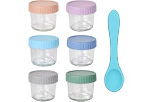 Marjoramy 6er Pack Babybrei Einfrieren Behälter, 120 ml/4 oz Auslaufsichere Glas-Mikrowellenlagerung, Mit Luftdichten Deckeln Und Silikon Löffel Für Babybrei, Beikost, Mikrowelle Und Gefrierschrank