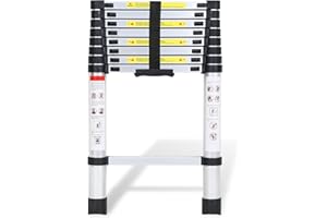 Fiqops Escalera telescópica de Aluminio, Escalera Extensible de 2,6 m, Escalera de Aluminio Antideslizante, Escalera Multiusos Extensible, 150 kg de Capacidad de Carga