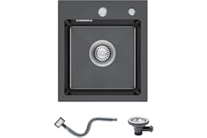 KINKIBOS 304 Stainless Steel Sink 40 x 40 cm, Small Square Sink, Topmount Kitchen Sinks with Tap Hole and Overflow (Without Drain Pipe), 1 Bowl, Grey-Black