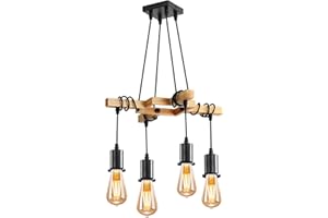 SEAMOON Lámpara de Techo Industrial Vintage E27 Cabeza Lámpara Alambre Envuelto Lámparas Colgantes Demadera 4 Lámpara Diseño de Bombilla Lampara de Hierro ForjadoLámpara Mesa de Comedor Negra para Sala Estar