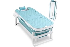 Ikodm Bañera plegable para adultos – XL 132 x 60 x 50 cm, bañera móvil plegable con cubierta, rodillos de masaje y cesta, bañera plegable para baño, ducha y balcón (azul)