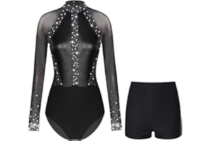 Nyeemya Damen Turnanzug Langarm Gymnastikanzug Strass Glitzer Ballettanzug Stehkragen Ballett Trikot Tanzbody + Tanz Shorts Turn Outfit