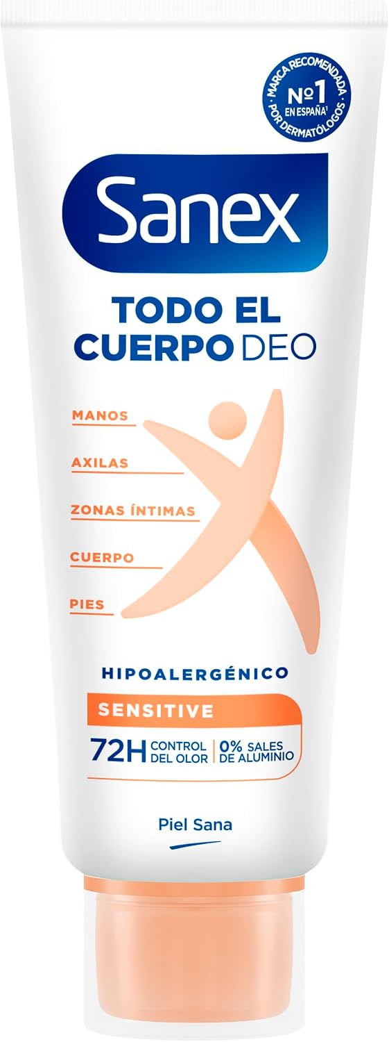 Sanex Crema Todo el Cuerpo Deo Sensitive 75ml, Desodorante para Manos, Pies, Axilas, Cuerpo y Zonas Íntimas, Protección 72H contra olor Clínicamente Probada,Testado Ginecológicamente, Hipoalergénico