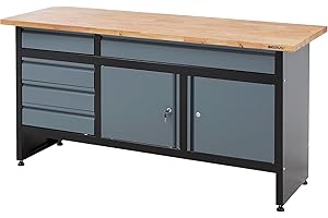BiGDUG Garage Workbench Drawer Cabinet - Workshop Storage Workstation - 842H x 1709W x 600D mm - 5x Drawer & 2 Door Cupboard - Black/Grey