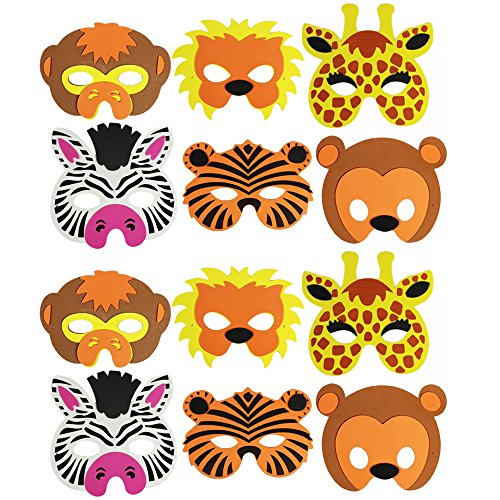 COM-FOUR® 6-teiliges Tiermaskenset, Löwe, Tiger, Giraffe, Zebra, Affe und Bär