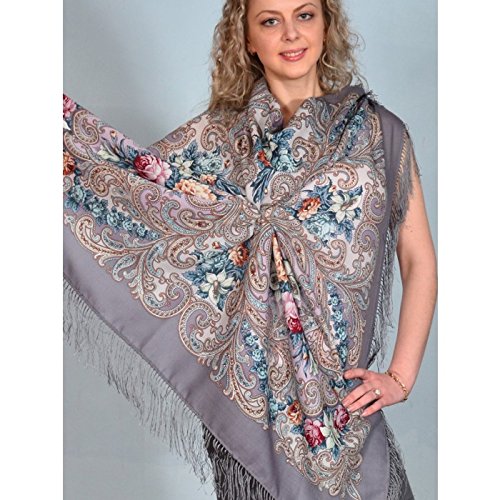 Tuch Trachtentuch grau 125 x 125 aus Wolle mit Fransen aus Seide – edle russische Wolltuch – Pawlow Possad – Stola – Kopftuch – Original – Павлопосадский шерстяной платок с шелковой бахромой – 607 - 3