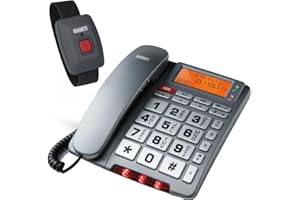 Telefono Fisso con SOS e Telecomando di Emergenza, Tasti Grandi e Parlanti, Display LCD Retroilluminato – Annuncio Vocale del Chiamante, Vivavoce, Rubrica fino a 30 Contatti – SAIET FAMILY TELE SOS