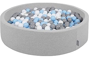 KiddyMoon Bällebad 120X30cm/300 Bälle Rund Groß Bällepool Mit Bunten Bällen Für Babys Kinder, Hellgrau:Grau-Weiß-Babyblau