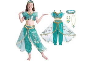 DiULi Jasmine Abiti Ragazze, 7PCS Set Jasmine Principessa Abiti Ragazze con Orecchini, Collana, Anelli, Cerchietti, per Festa Danza Compleanno Halloween Cosplay, Taglia