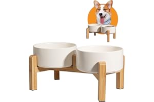 PTOBER Elevated Ceramic Dog Bowl Set - Raised Dog Bowls with Non-Slip Bamboo Stand - Dog Food and Water Bowl Set - Double Dog Feeding Bowls - Suitable for Small and Medium Dogs - 28.74 OZ - 3.6 CUPS - 850 ML