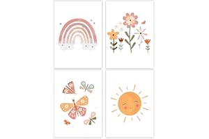 Vegena Lot de 4 tableaux pour chambre d'enfant et fille,Décoration pour chambre d'enfant,Arc-en-ciel soleil, nuage, fleurs et papillons,Décoration murale pour chambre de bébé,DIN A4,Décoration bohème