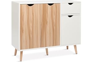 Mondeer Madia Moderna, Credenza Cucina con 3 Ante 1 cassetti per Soggiorno Cucina Corridoi, Colore del Legno e Bianco 90 x 30 x 73 cm