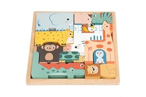 WOOMAX - Torre de Aprendizaje 2 en 1, Zookabee, con Tablero, 22x22 cm, Bloques construcción Animales, Juego Safari, Juguetes niños 2 años, Juegos educativos, Puzles apilables, FSC (47569)