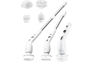 FOFILE Brosse Nettoyage Rotative Électrique, Brosse de Nettoyage avec 4 Têtes de Brosse, Étanche IPX7, 350RPM 2 Vitesses, Affichage Numérique Batterie, Longueur Réglable pour Salle de Bain Cuisine Voiture