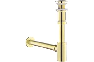 SET - Design Siphon mit Ablaufgarnitur mit Überlauf für Waschbecken Gebürstete Gold – Keymark Universal Siphon und Ablaufventil Bad – Messing Syphon Sifon Pop Up Abflussgarnitur Abfluss Waschtisch