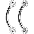 Evonix 2pc 16g 1.2mm Curved J-Curve Barbell Crystal Nipple Ring Cartilage Bar Rook Daith Eyebrow Helix Ferido CZ Gems (choose Crystal, Length)