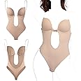 Backless Body Shaper Bra, Bodysuits Seamless Thong, Women's Deep V-Neck Clear Strap for Parties, Dresses, Wedding（Khaki）