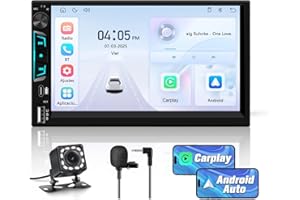 Hexinex Radio de Coche 2 DIN Universal con Carplay y Android Auto Inalámbrico,Autoradio 2 DIN con Pantalla Táctil de 7 Pulgadas y Cámara Trasera, Admite Bluetooth/Mandos Volante/FM/USB/Tipo-C