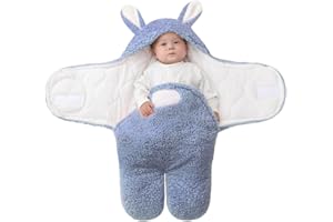 TURMIN Baby Hooded Sleeping Bag 2.0 Tog Newborn Receiving Blanket Thicken Cotton Plush Rabbit Swaddle Wrap Unisex Fleece Cute Pram Suit with Split Leg for Infant, Blue, 3-6 Months
