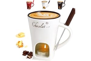 SIEBKORB Chocolate Fondue Mug Set with Forks, Ceramic Chocolate Melting Cup Fondue Set for Cheese, Caramel & Butter, Personal Fondue Warmer Mug for Hot Chocolate, Candy & Party Dips