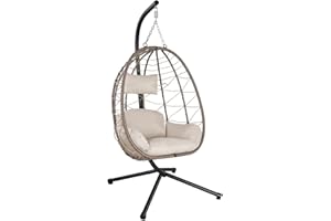 Juskys Fauteuil Suspendu Aria avec Coussin - réglable en Hauteur et Pliable - Balancelle en rotin synthétique pour l'extérieur et l'intérieur - Siège en Osier Beige jusqu'à 130 kg