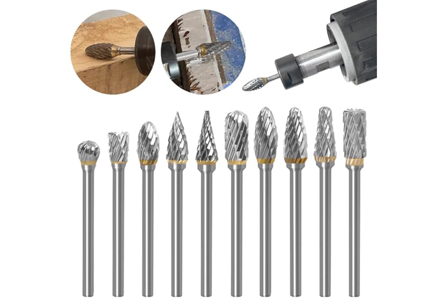 10 Pcs Double Cut Carbide Rotary Burr Set, 1/8”(3mm) Shank Wood Carving Accessories for Woodworking Drilling Engraving Polishing Trimming Grinding
