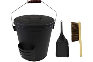 GIRXZYBX Ascheeimer mit Deckel, Schaufel und Hand Besen,10L Metall Kohle Asche Dose für Kamin Feuerstellen Holz Brennöfen Innen- und Außenkamin Holzofen Asche Kamin Reinigungswerkzeuge