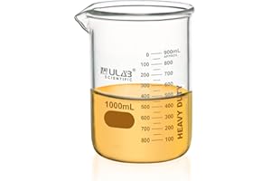 ULAB Heavy Duty Glass Beakers, Vol.1000ml, Borosilicate 3.3 Glass, Double Scale, Superior Durability & Chemical Resistance with Graduations, UBG1064