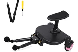 TRY-YEAN Buggy Board mit Sitz, Universal Kinderwagen Trittbrett Stehbrett mit 360° Zweirad, Tragfähigkeit 25KG, Abnehmbar Kinderwagensitz Kinderwagenzubehör für Kinder von 2-6 Jahren (Rosa)