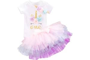 NNJXD Unicornio Arco Iris Tutú Primer Cumpleaños Trajes de 3 Piezas Mameluco + Falda + Diadema