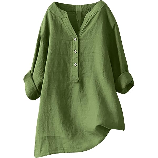 VISLILY Women's Plus Size Henley Tunic Top - Flowy Short Sleeve, Pleated Detail, Army Green, Size 24