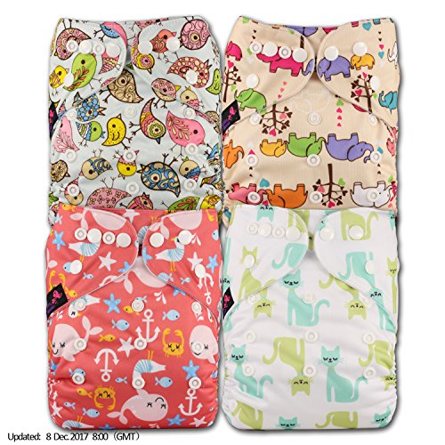 LittleBloom, Reusable Pocket Cloth Nappy, Fastener: Popper, Set of 4, Patterns 413, With 4 Bamboo Inserts