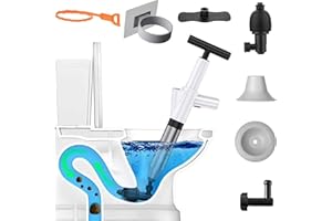 NewFree Toilet Plunger, High Pressure Plunger Kit with Real-Time Barometer, Stainless Steel Air Drain Blaster Gun with 4 Replaceable Heads and 3 Hair Cleaner, for Sink/Floor Drain/Pipe Clog