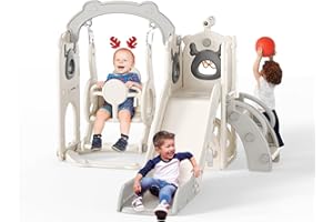 STYPLZ Grand toboggan pour enfants avec panier de basket-ball, cadre d'escalade pour jardin, télescope et espace de rangement pour 1 à 3 ans, extra long 1700 mm (toboggan 6 en 1 avec wapiti, balançoire