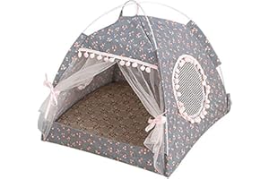 HEMORE Cat Princess Tent, Foldable Floral Puppy House with Breathable Mesh Window & Door Curtain, Portable Dog House Cave, Indoor Kitten Bed for Cats Small Dog (Gray, XL within 12.5KG)