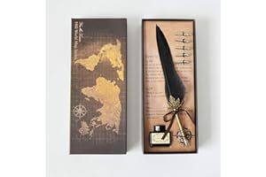 mreechan Stylo Dip à Plume, Quill Feather Pen Set,Vintage Quill Feather Pen Ink Setavec Encre, 5 Pointes de Rechange et Noire Bouteille d'encre pour Écriture ou Cadeau (black)