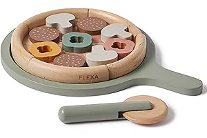 FLEXA 16-Piece Wooden Pizza Play Food Set with Plate, Toppings, Pizza Knife, Toy Food for Children Kitchen, Toy Kitchen Accessories for Toddlers, Pretend Role Play Toy, Cooking Toy for Kids Boys Girls